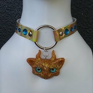 Gold & Blue Holographic Evil Kitty Cat Choker